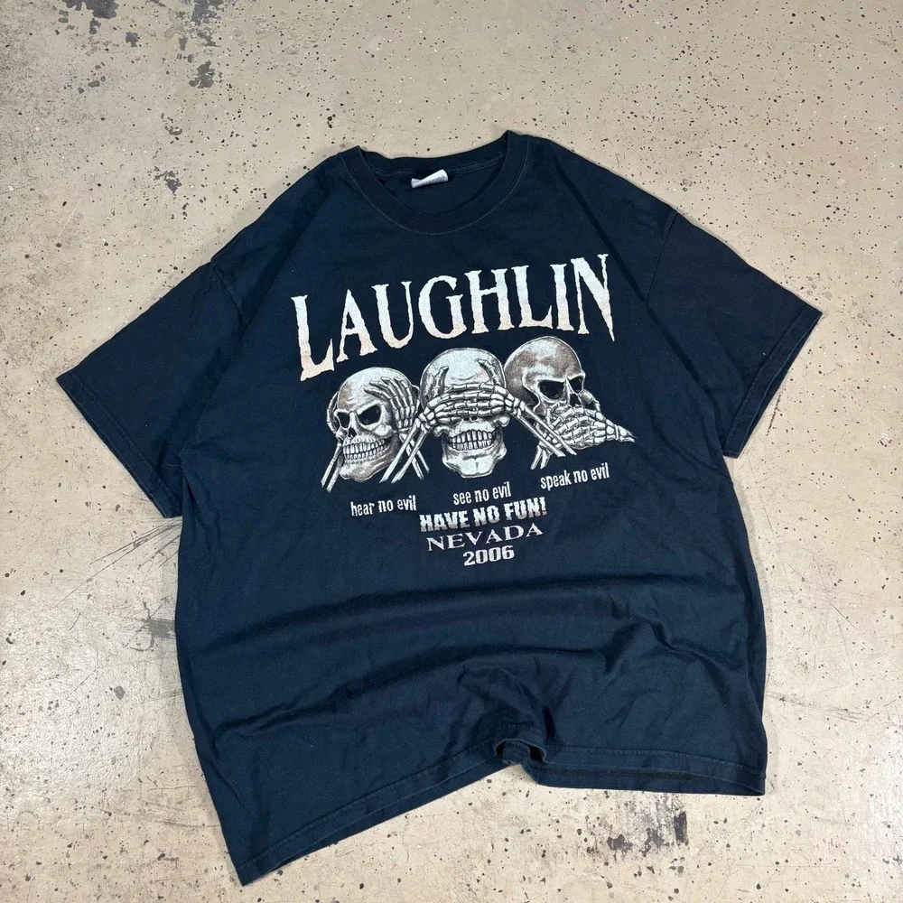 y2k vintage hanes black laughlin nevada 2006 skull graphic tee mens xl